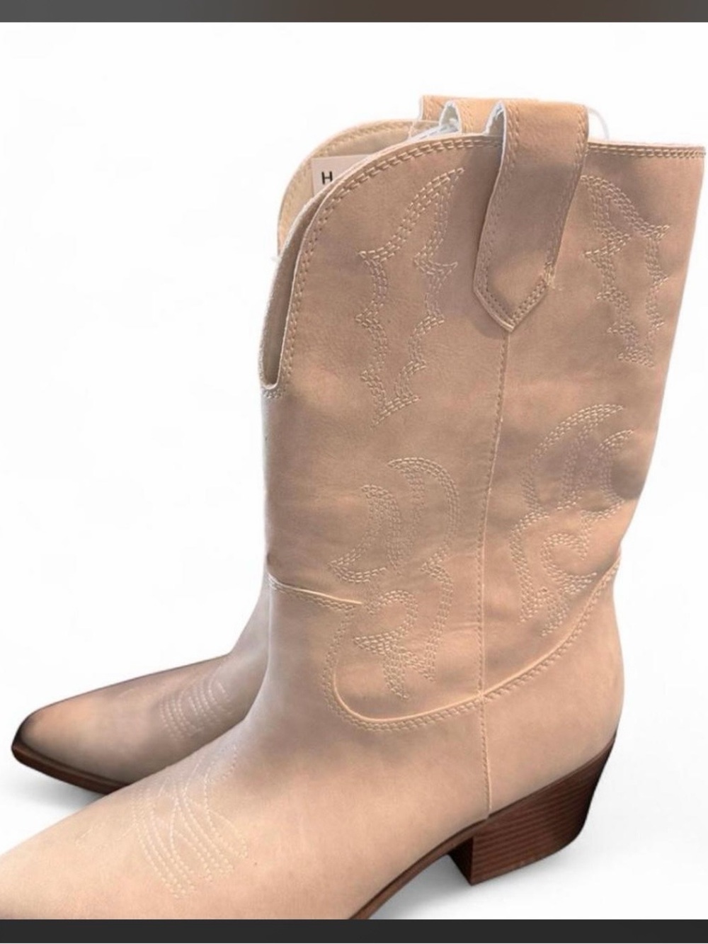 Indigo Women's Light Beige Western Mid-Calf Heeled Boots